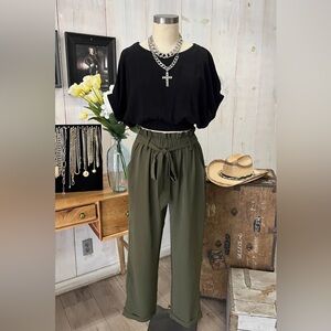 Olive Green High Waisted Paperbag Bow Trendy Cropped Trousers